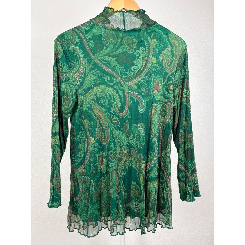 Soft Goth Green Paisley Blouse Mesh Mock Neck Lettuce Edge Long Sleeve Stretchy - Picture 3 of 8